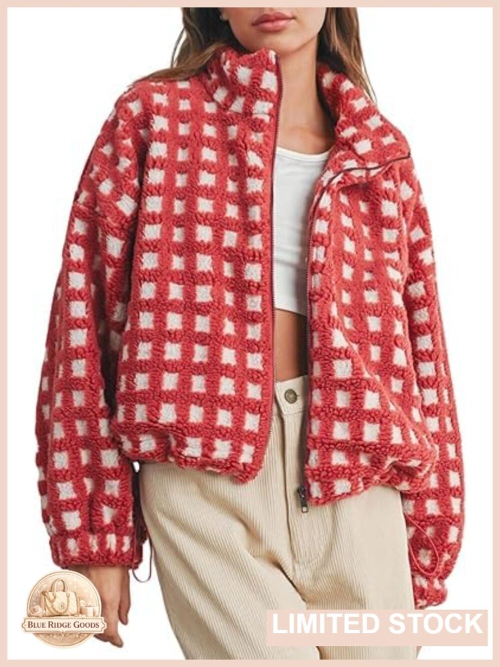 Womens Sherpa Fleece Jacket Plaid Zip Up Cropped Coat Fall Winter Fuzzy